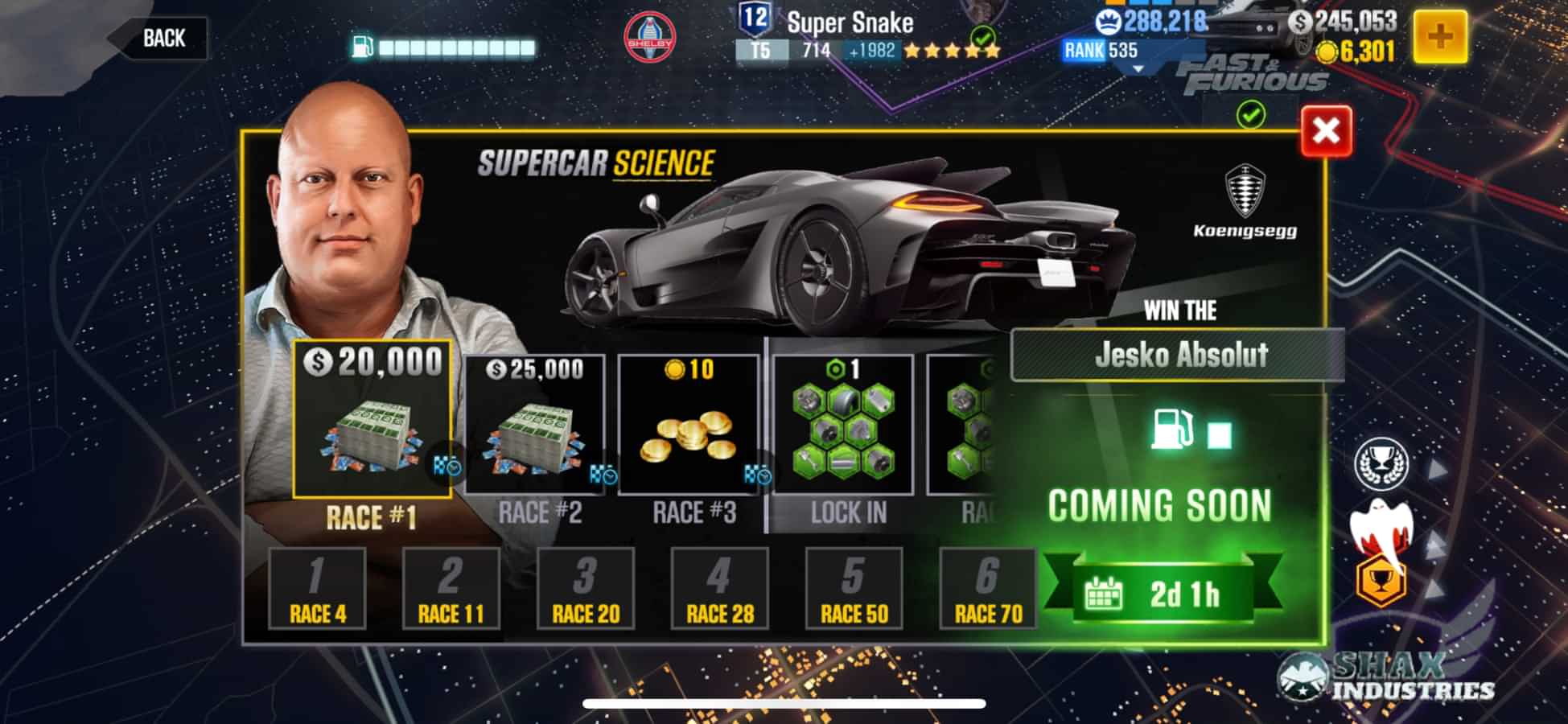Koenigsegg Supercar Science CSR2, all cars with tune and shift pattern